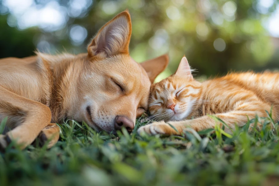 Chien et chat faisant la sieste dans le jardin